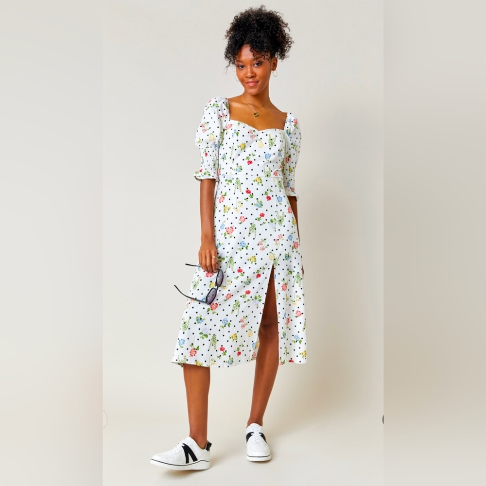 Mi Ami Cottagecore Polka Dot Floral Midi Linen Dress Large Coquette Puff Sleeve